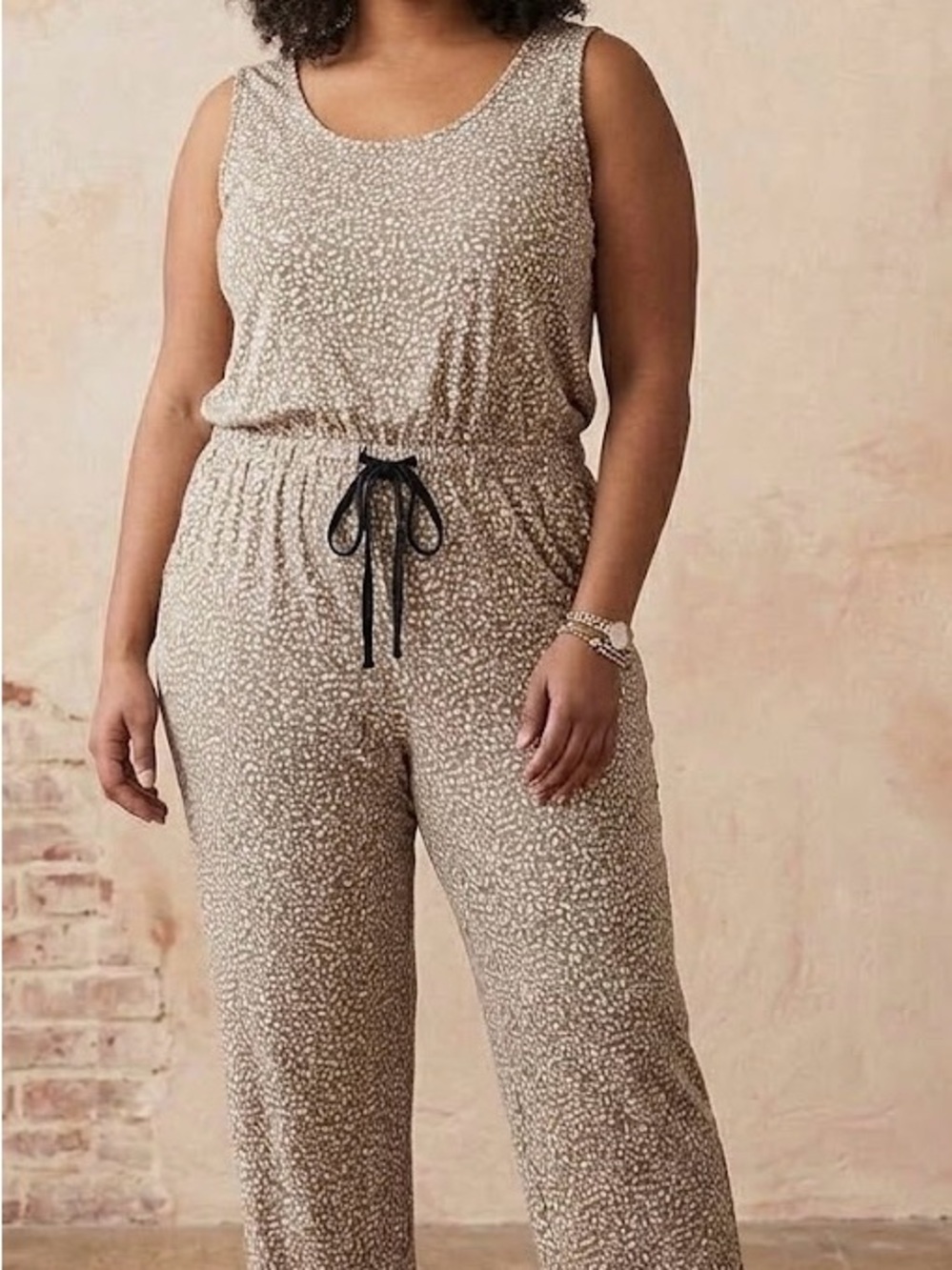 Gilli Taupe Printed Sleeveless Jumpsuit with Black Drawstring